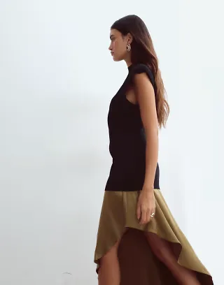 ARRANGE hybrid knit maxi dress with asymmetric satin underlayer in black