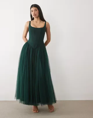 Lace & Beads tulle drop hem corset maxi dress in emerald