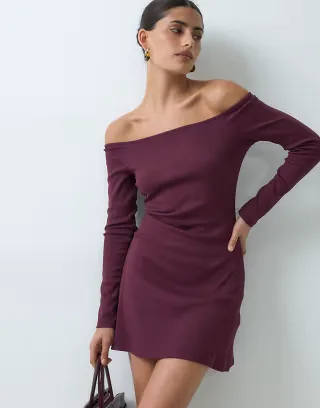 ASOS DESIGN off shoulder rib mini dress in burgundy
