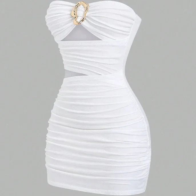Sweetra Women's Sexy Fitted Strapless Metal Buckle Mini Dress,M