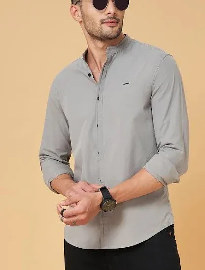 People Medium Grey Solid Casual Full Sleeves Mandarin Collar Men Slim Fit Casual Shirts