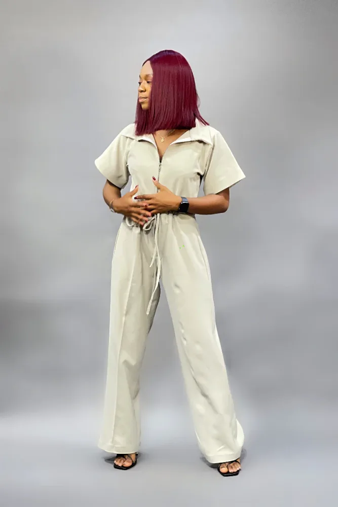 SHORT SLEEVE DRAW WAIST JUMPSUIT
