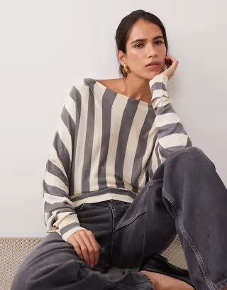 ASOS DESIGN fine knit off the shoulder waisted sweater in gray and cream stripe