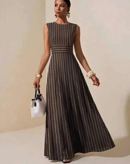 Zivah Brown White Striped Sleeveless A-Line Maxi Dresses Women's High Waist Flared Woven Fabric Elegant Casual Vacation