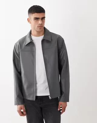 ASOS DESIGN faux leather harrington jacket in charcoal