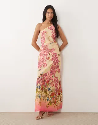 ASOS DESIGN cutwork floral printed one shoulder bias cut maxi dress