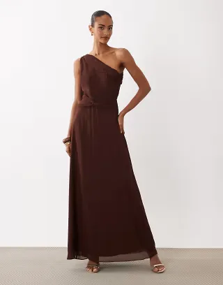 TFNC Bridesmaid one shoulder twisted waist draped chiffon maxi dress in chocolate