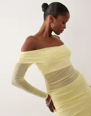 Missyempire mesh off the shoulder long sleeve mini dress in yellow