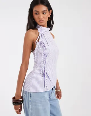 ASOS DESIGN tie side high neck top in purple stripe