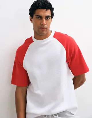 ASOS DESIGN relaxed raglan T-shirt in white and red waffle