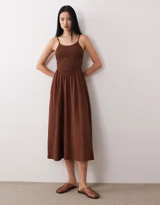 Wednesday's Girl shirred cami midi dress in chocolate brown