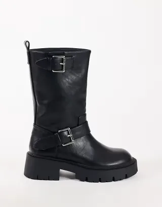 Topshop Lincon chunky ankle boot with buckles in black