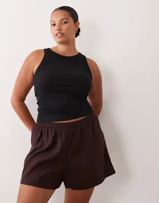 ASOS DESIGN Curve Ipanema sheer linen blend beach shorts in chocolate