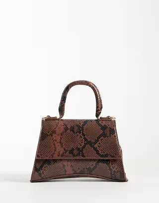 PASQ mini curved bottom grab bag with cross body strap in brown snake