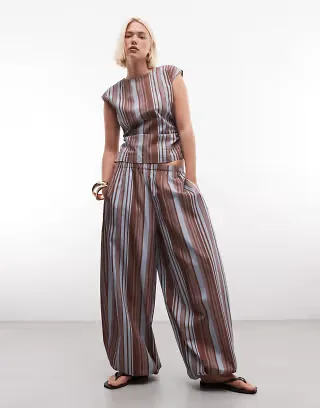 ASOS DESIGN cotton nylon blend pull-on balloon pants in blue and brown stripe