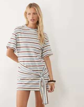 ASOS DESIGN sarong style T-shirt mini dress in light blue stripe