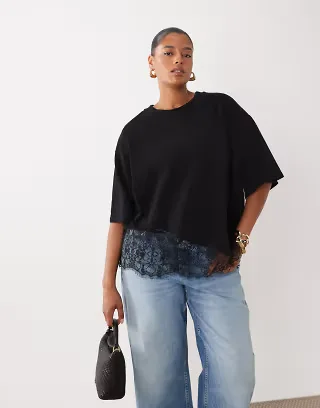 ASOS DESIGN Curve short sleeve t-shirt with lace hem in black