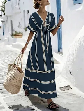 SHEIN Women's Striped V-Neck Batwing Sleeve Maxi Dress