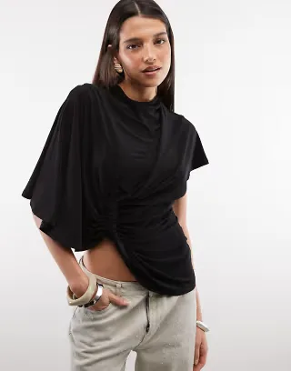 ASOS DESIGN asymmetric drape detail knot detail slinky top in black