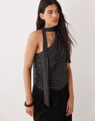 YAS one-shoulder ruched scarf top in black and white polka dot