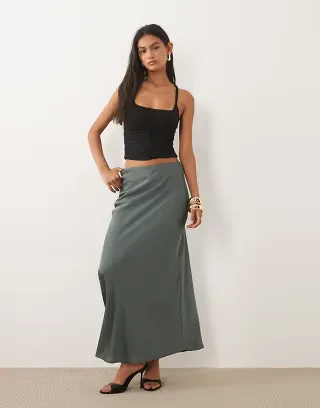 VILA satin maxi skirt in balsam green