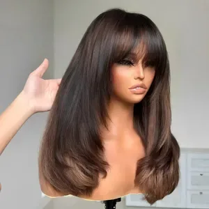 Wear And Go 13x4 HD Lace Front Human Hair Wig - 200 Density, 30-40 Inch Layered Straight Bone Cut with Bangs - Chocolate