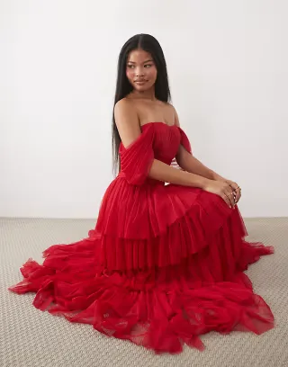 Lace & Beads Petite tulle off shoulder asymmetric ruffle detail maxi dress in red