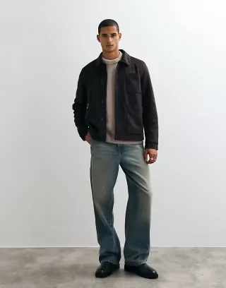 Threadbare faux suede button up collared jacket in chocolate brown