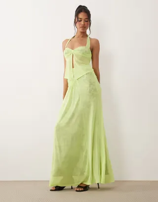 AFRM mesh sweetheart halterneck top and mesh knot detail maxi skirt set in acid lime
