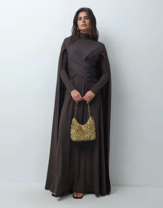 IYAL mesh cross front cape detail maxi dress in chocolate
