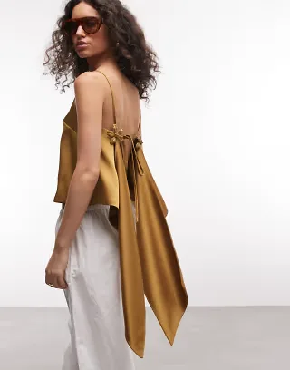 ASOS DESIGN satin flower detail open back cami in gold