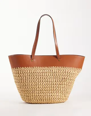 Mango large woven shoulder bag in beige