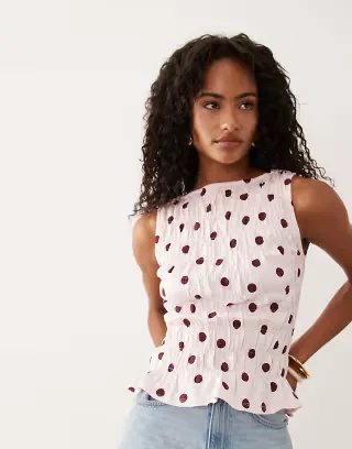 ASOS DESIGN shirred slash neck top in light pink polka dot