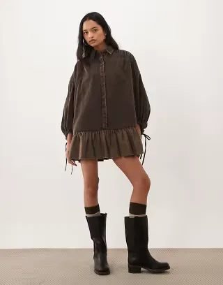 ASOS DESIGN hybrid corduroy mini shirt dress with balloon sleeves and voile hem in washed chocolate