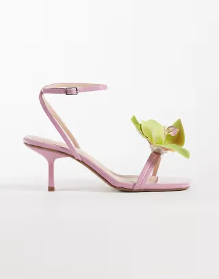 Public Desire Wide Fit kitten heel sandals with 3D flower in pink