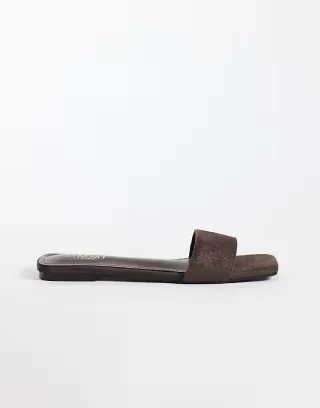 Simmi London Anika embossed slip on flat sandals in brown faux suede