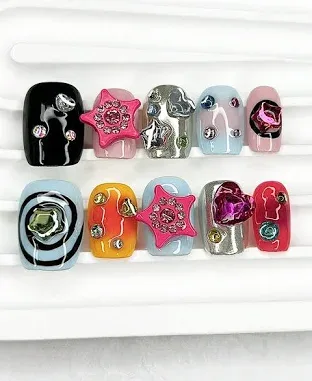 Multicolor Y2K Handmade Press-On Nails Acrylic Designs 10pcs Glossy Short Square Star Heart Rhinestones Holographic Mirr