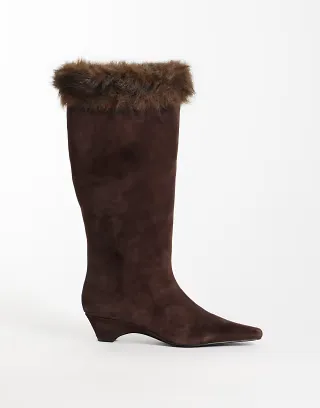 Mango 100% leather suede heeled boot with faux fur trim in brown