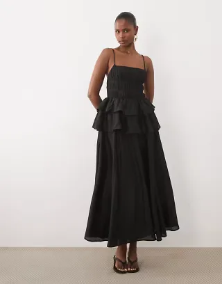 ASOS DESIGN pleated bodice maxi dress with tiered waist in black