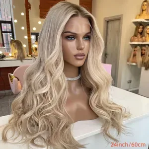 180 Density Brown Roots Ash Blonde Body Wave Lace Frontal Wig 13x4 Ombre Ash Blonde Human Hair Wigs Wear And Go Glueless
