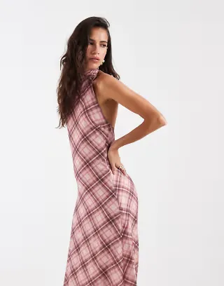 ASOS DESIGN chiffon high neck halter maxi dress in pink plaid