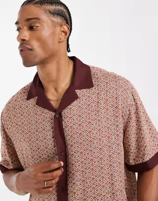 ASOS DESIGN relaxed camp collar shirt in orange geo print with border - part of a set