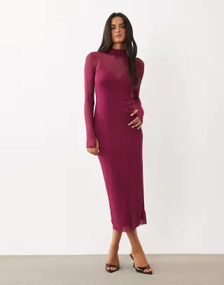 AFRM Shailene mesh turtleneck long sleeve cami lining midi dress in plum