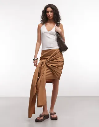 ASOS DESIGN drapey tie detail skirt in camel