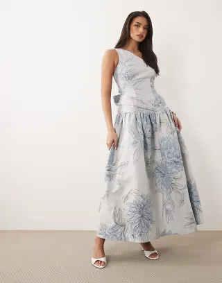 ASOS LUXE one shoulder jacquard maxi dress in blue floral