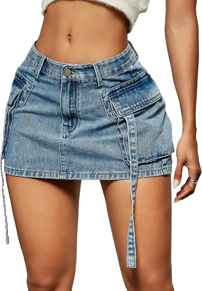 New Cargo Skirt Women Y2k Button Mini Jeans Skirt Denim Skirt with Pocket Low Waist