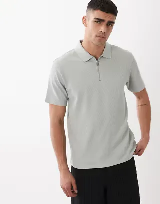 ASOS DESIGN regular fit zip polo in gray waffle