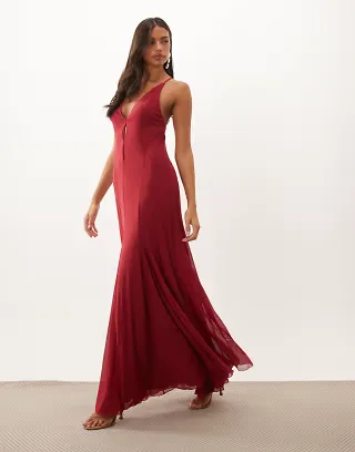 ASOS DESIGN mesh plunge maxi dress in red