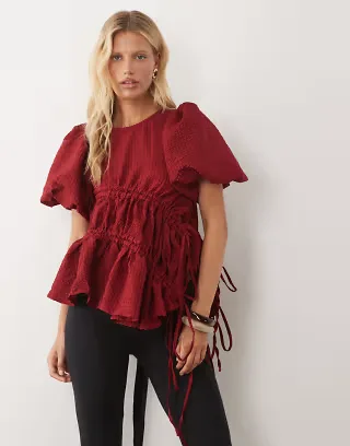 Ghospell exclusive cotton bubble hem drawstring detailing top in raspberry