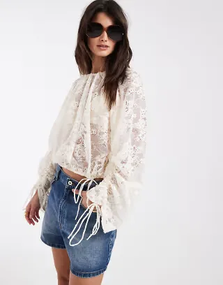 & Other Stories long sleeve lace blouse in white